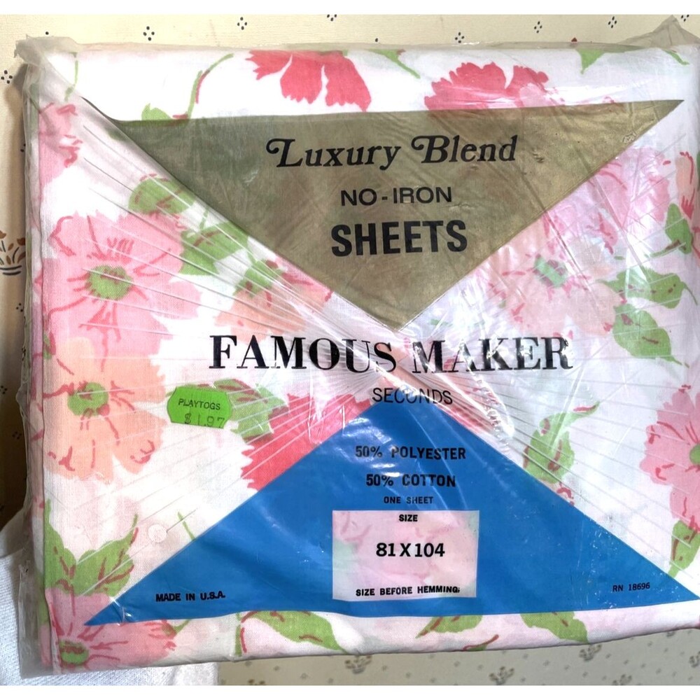 Vintage Full Sheet Cherry Blossom Floral 81x104” Made In USA Poly/Cotton